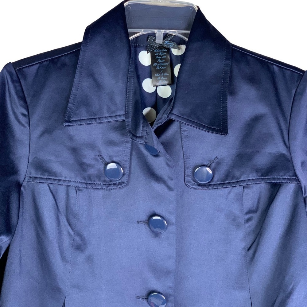 Forever 21 Navy Blue Satin Crop Jacket Polka Dot Lined Jumbo Button Machine Wash